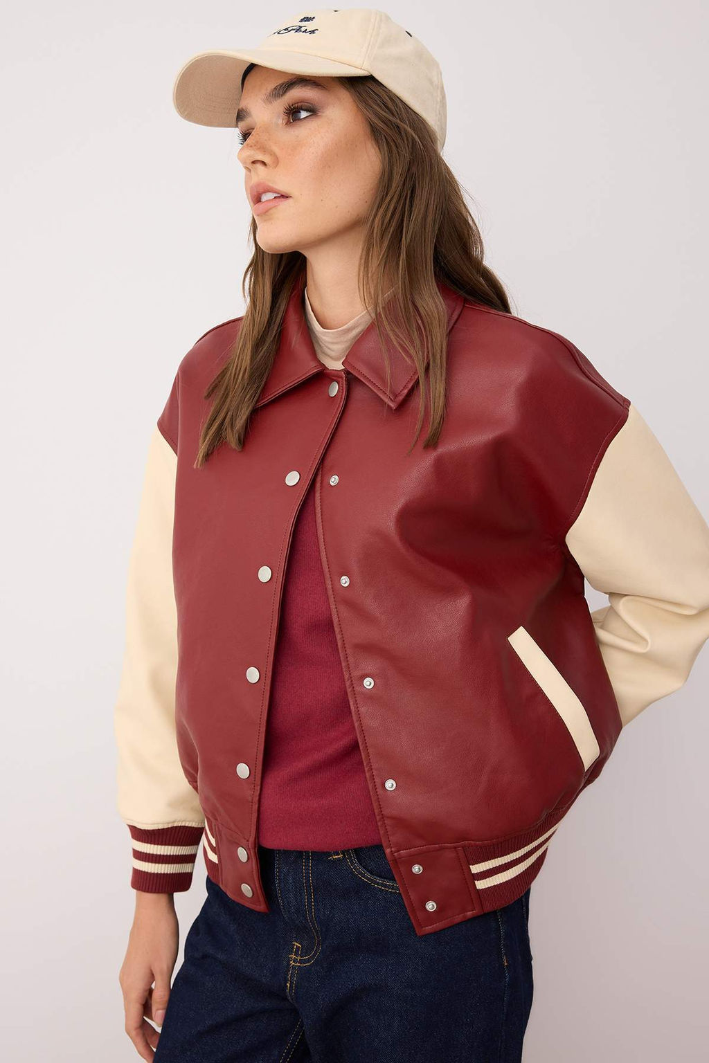 Bordo-Krem Oversize Kal?p Suni Deri Kolej Bomber Ceket Mont TWOAW26MO00006 - Trendyolmilla фото 3