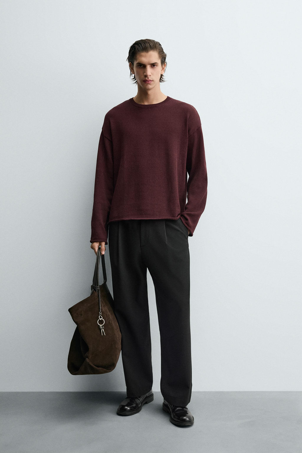 TEXTURED TURN-UP TRIM SWEATER