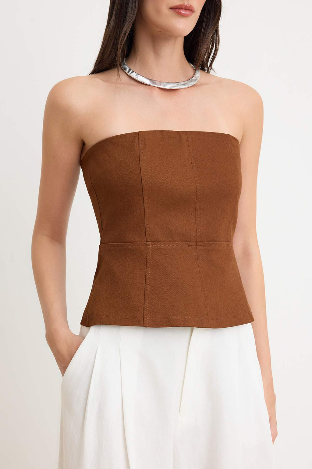 Kahverengi Dikis Detayl? Peplum Gabardin Dokuma Bluz TWOSS26BZ00448