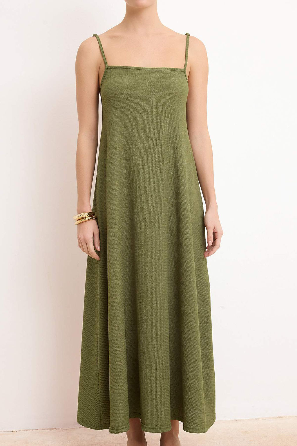 Haki Ayarlanabilir Ask?l? A-Line Burumcuk/Dokulu Orme Maxi Elbise TWOSS24EL00060