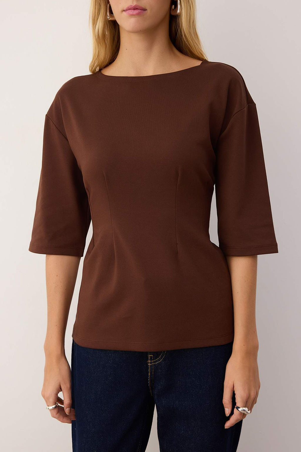 Kahverengi Interlok Peplum/Belden Oturmal? Esnek Orme Bluz TWOAW26BZ00187