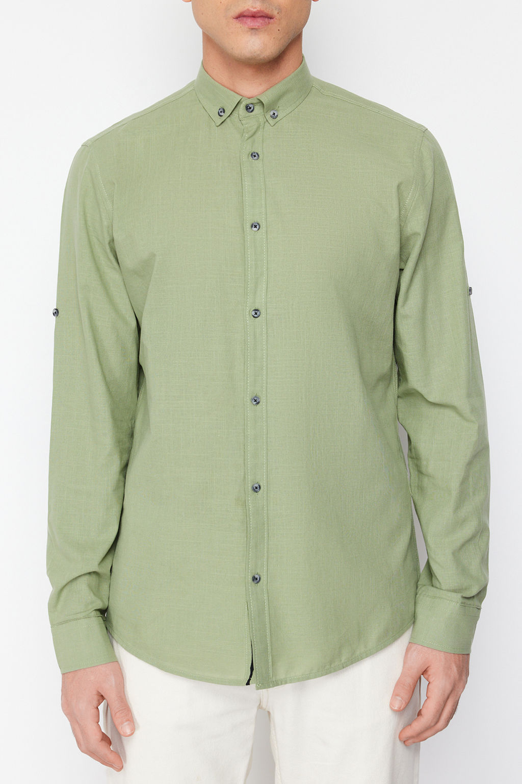 TRENDYOL MAN Koyu Yesil Dugmeli Yaka Apoletli Slim Fit Uzun Kol %100 Pamuklu Keten Gorunumlu Gomlek TMNSS20GO0189 - Trendyolmilla фото 5