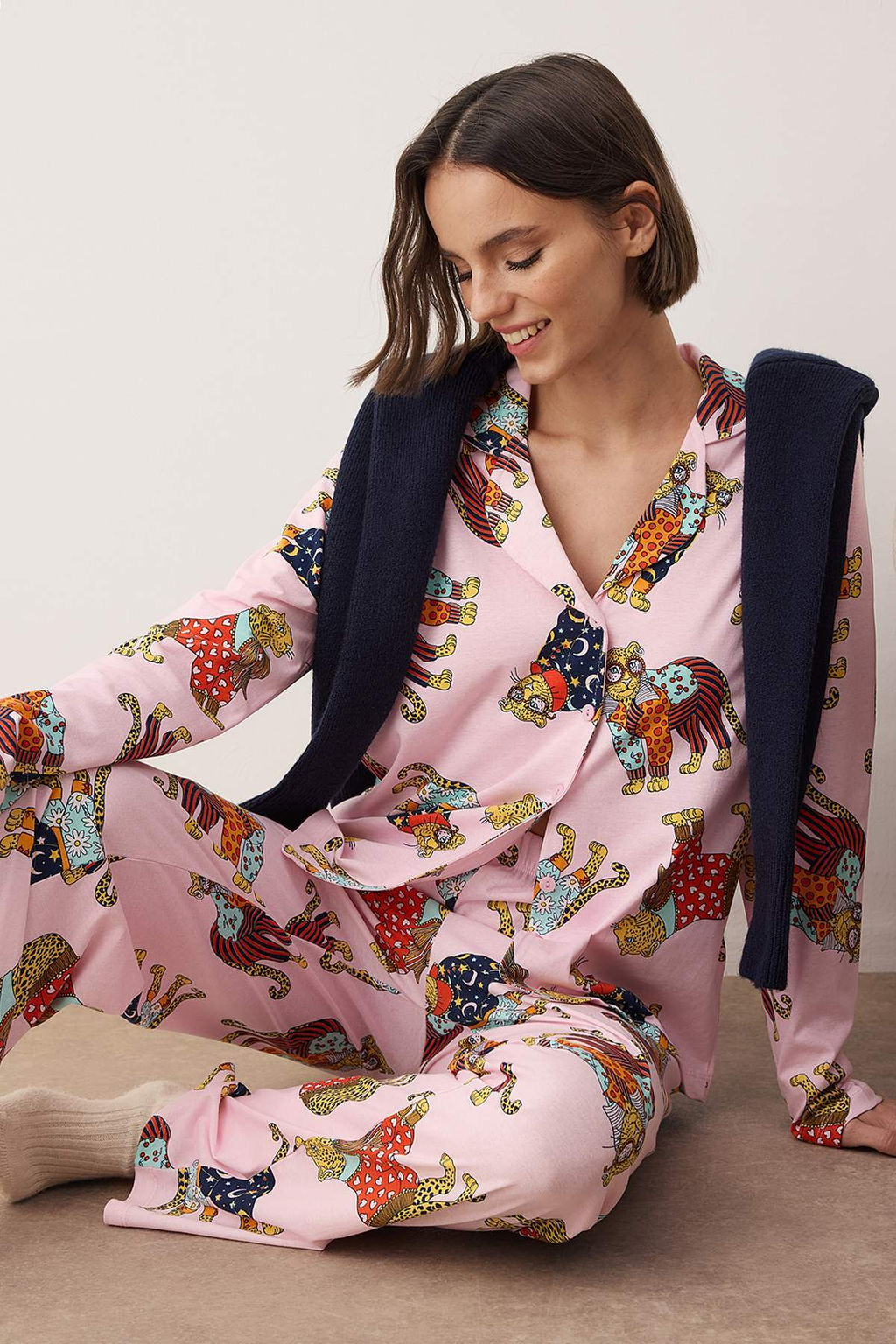 Pembe %100 Pamuk Kaplan Bask?l? Orme Pijama Tak?m? THMAW26PT00202