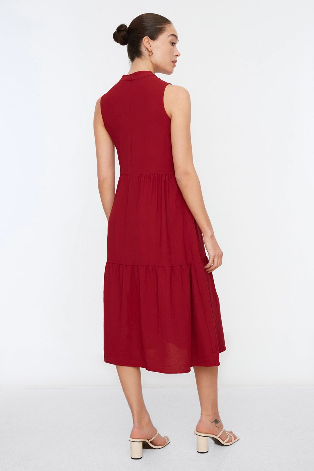 Bordo Shift/Duz Kesim Dik Yaka Midi Dokuma Elbise TWOSS20EL1864