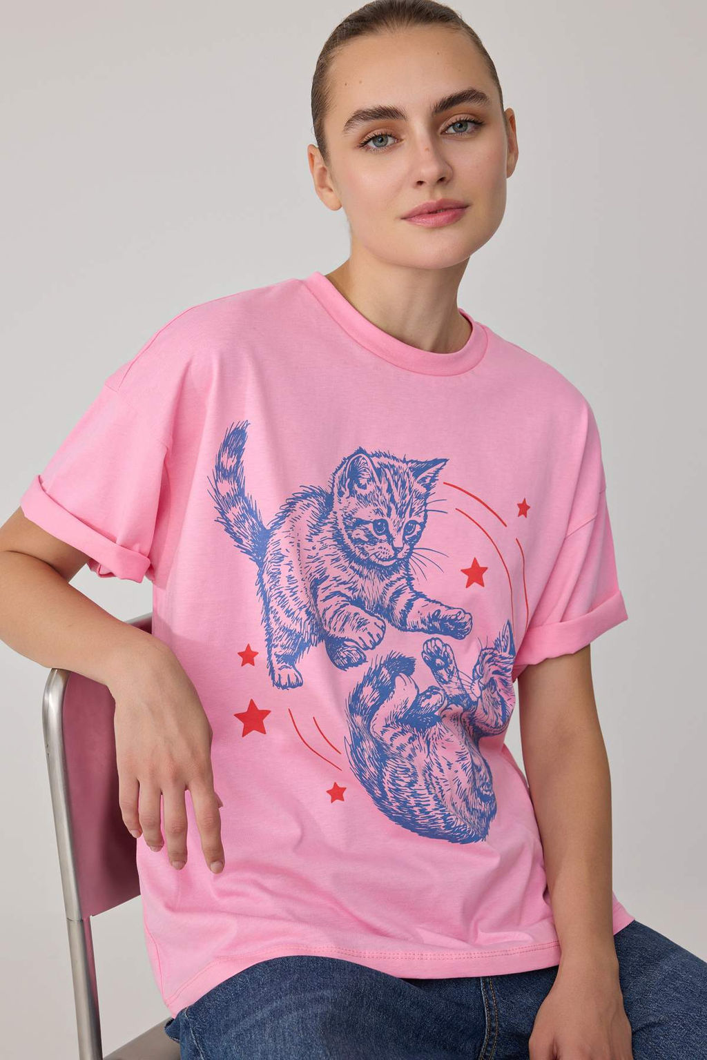 A__k Pembe Bask_l_ Oversize Bisiklet Yaka D___k Kol K_sa Uzun %100 Pamuk _rme T-Shirt TWOSS26TS00371 - Trendyolmilla фото 2
