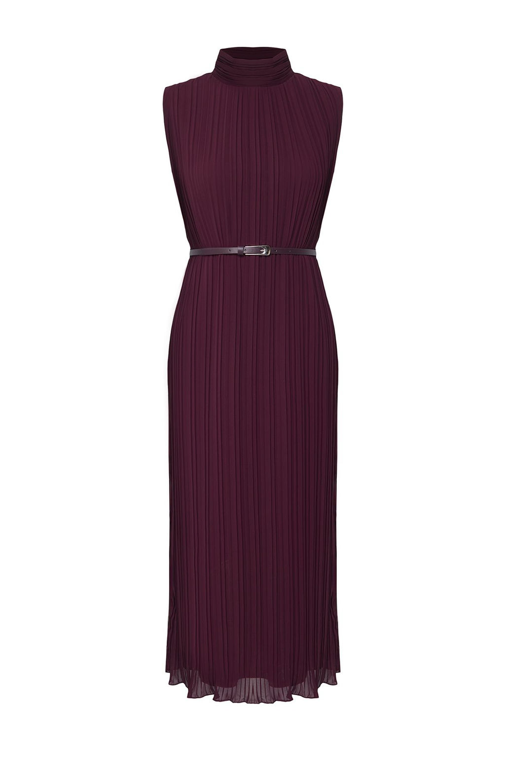 TRENDYOLMILLA Bordo Kemerli Duz Kesim Piliseli Midi Astarl? Sifon Dokuma Elbise TWOSS25EL00118  фото 10