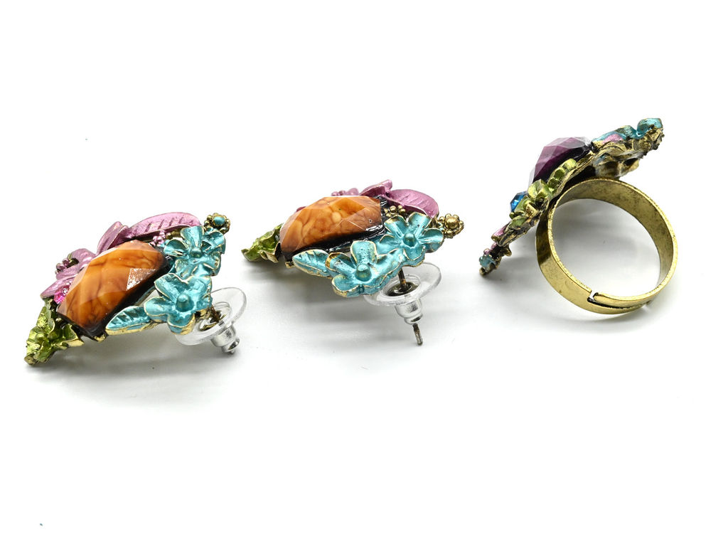 Кольцо Серьги с муранским стеклом цв. коричневый/сиреневый - Радуга камня фото 2