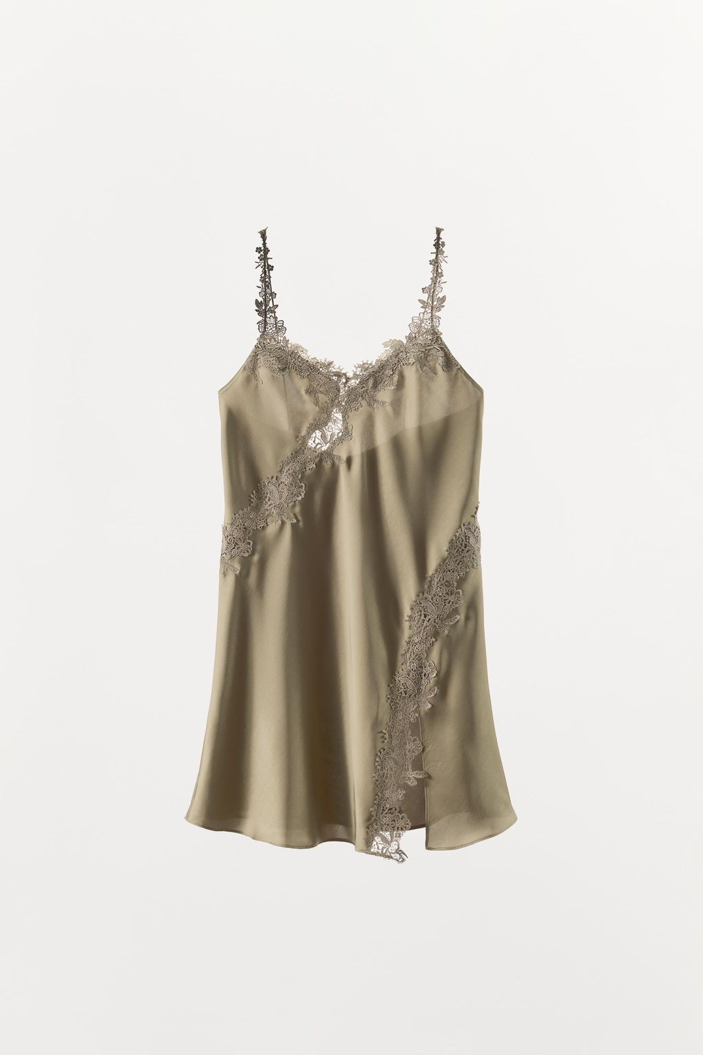 VESTIDO CORTO SATINADO ENCAJE / Gris topo - Zara фото 5