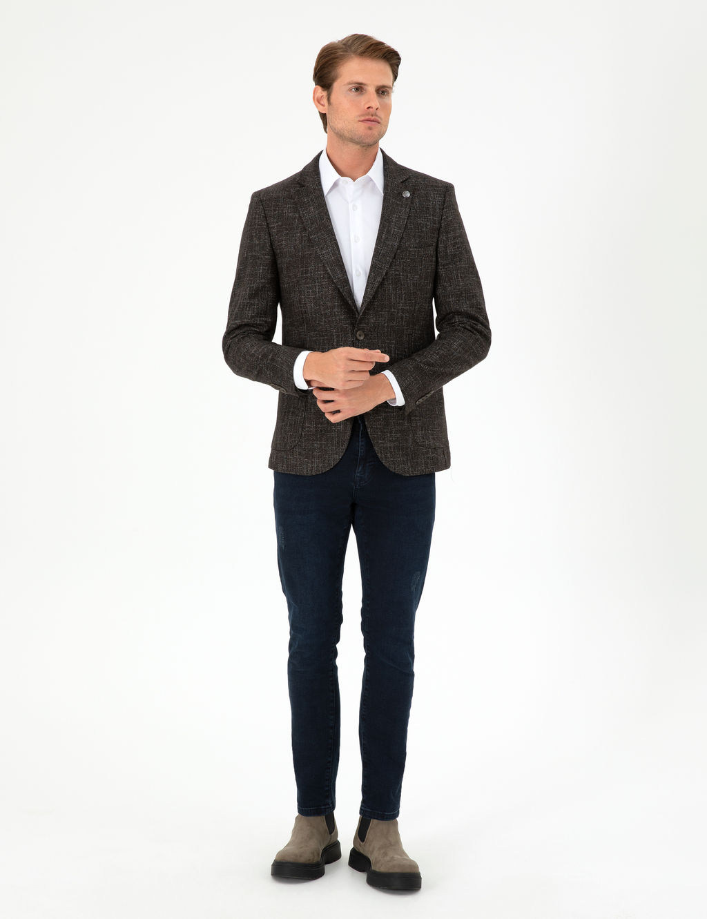 Kahverengi Y_n Kar___ml_ Ex. Slim Fit Ceket
