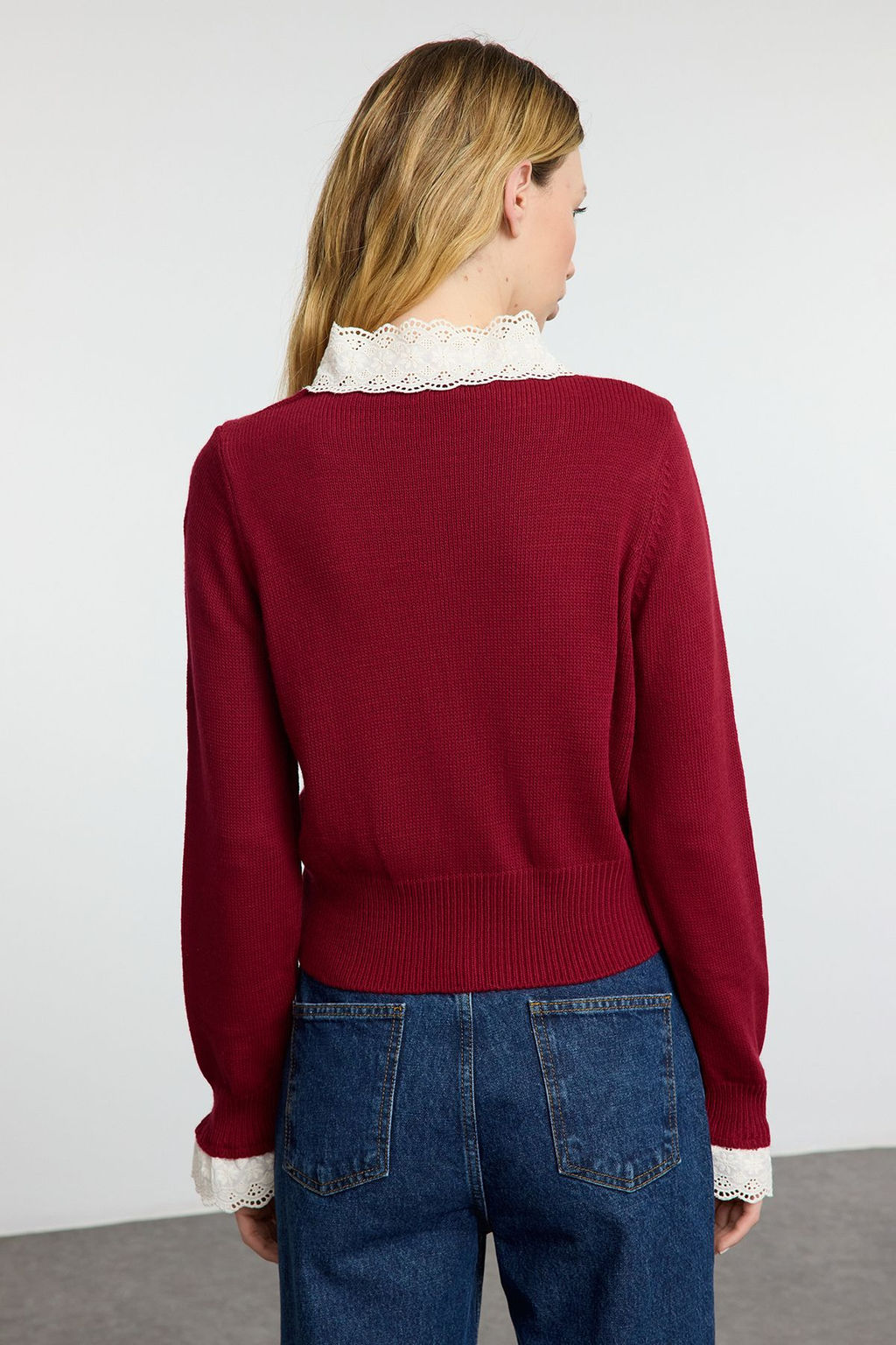 Bordo Crop Dantel Garnili Renk Bloklu Triko H?rka TWOAW25HI00251