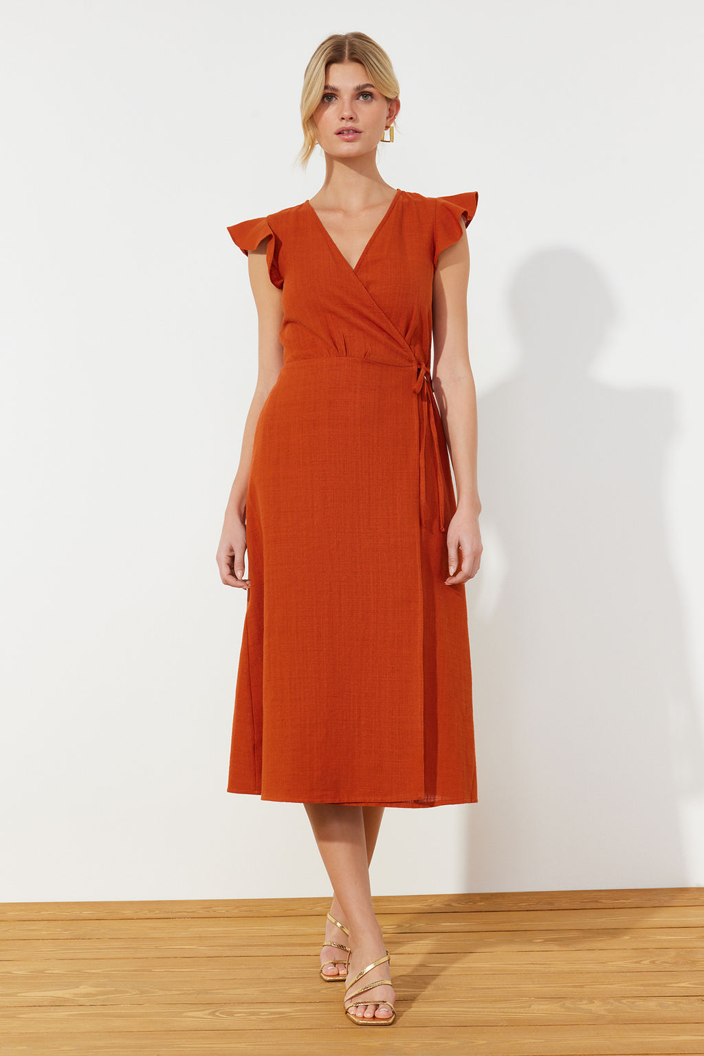 Kiremit Kruvaze F?rf?r Detayl? Keten Gorunumlu Midi Dokuma Elbise TWOSS24EL00071 - Trendyolmilla фото 2