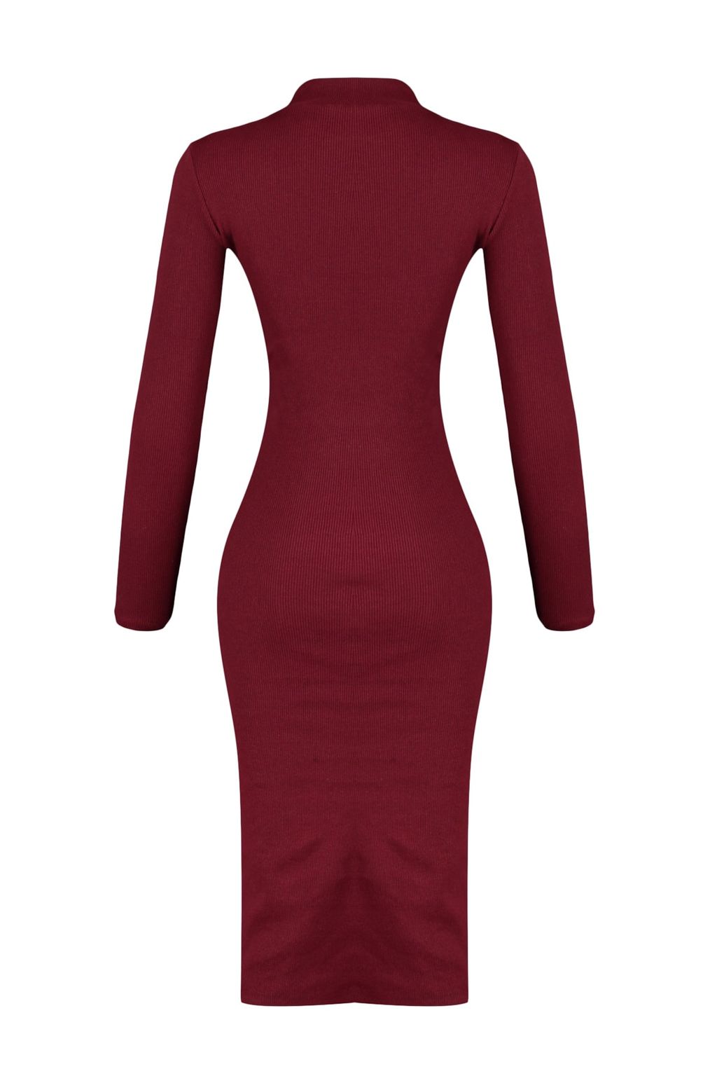 Bordo Vucuda Oturan Y?rtmacl? Bisiklet Yaka Midi Fitilli Esnek Orme Kalem Elbise TWOAW21EL0135