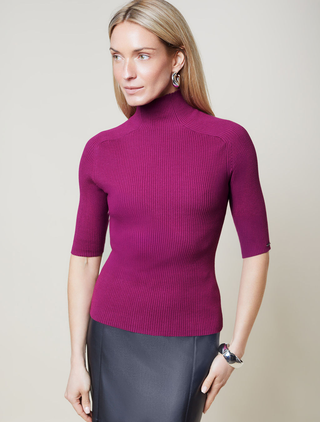 Водолазка тонкой вязки в рубчик из хлопка с нейлоном - Vilatte фото 2