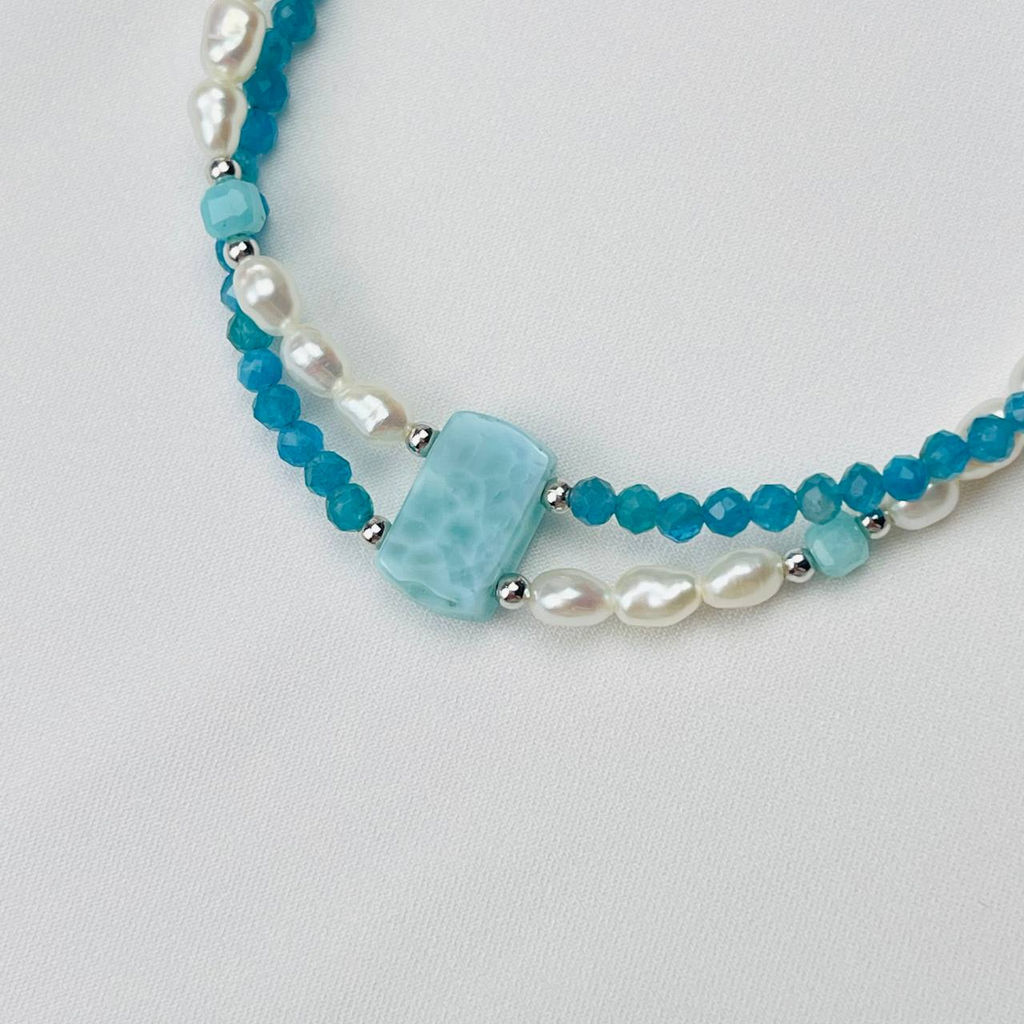 Браслет двойной из Апатиат,Жемчуга и Ларимара 17 см +