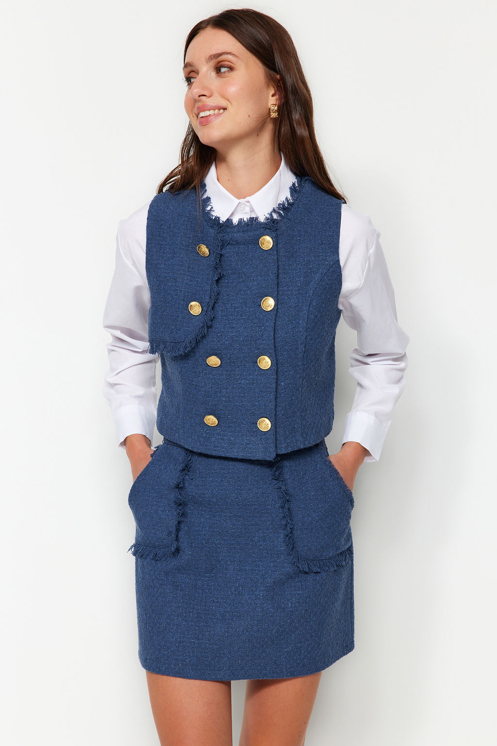 TRENDYOLMILLA Indigo Dugmeli Tuvit Dokuma Yelek TWOAW24YE00062  фото 3