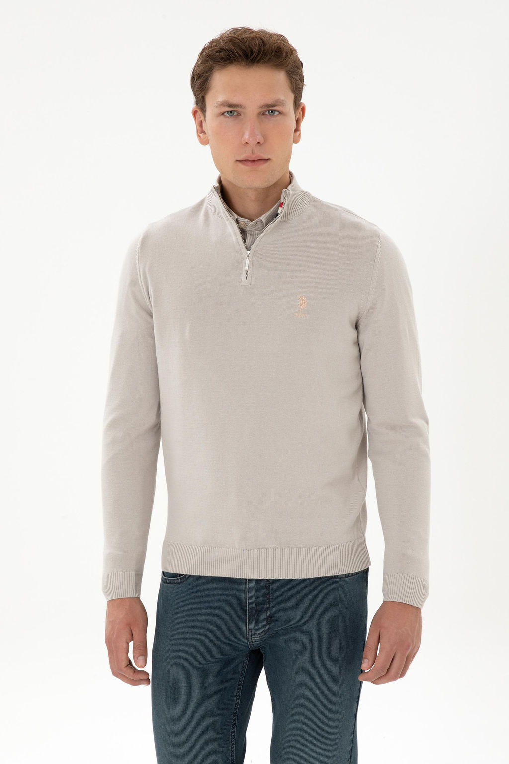 Erkek Slim Fit Yar_m Fermuarl_ Ta_ Kazak