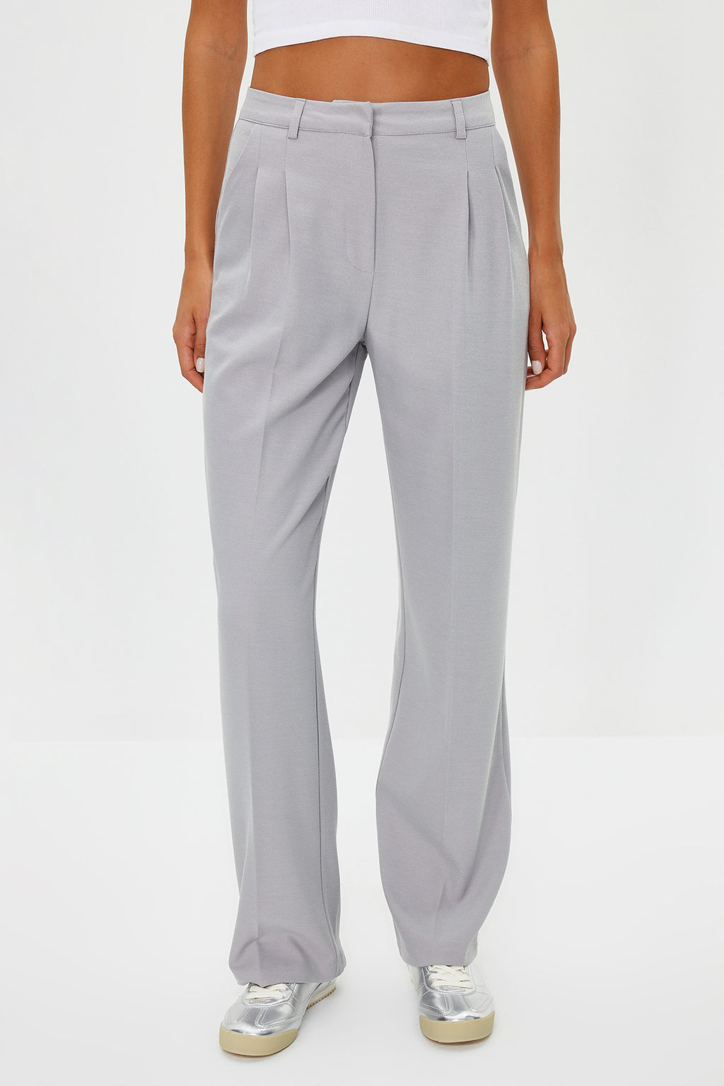 Limited Edition Gri Straight/Duz Kesim Pilili Dokuma Pantolon TWOAW23PL00401