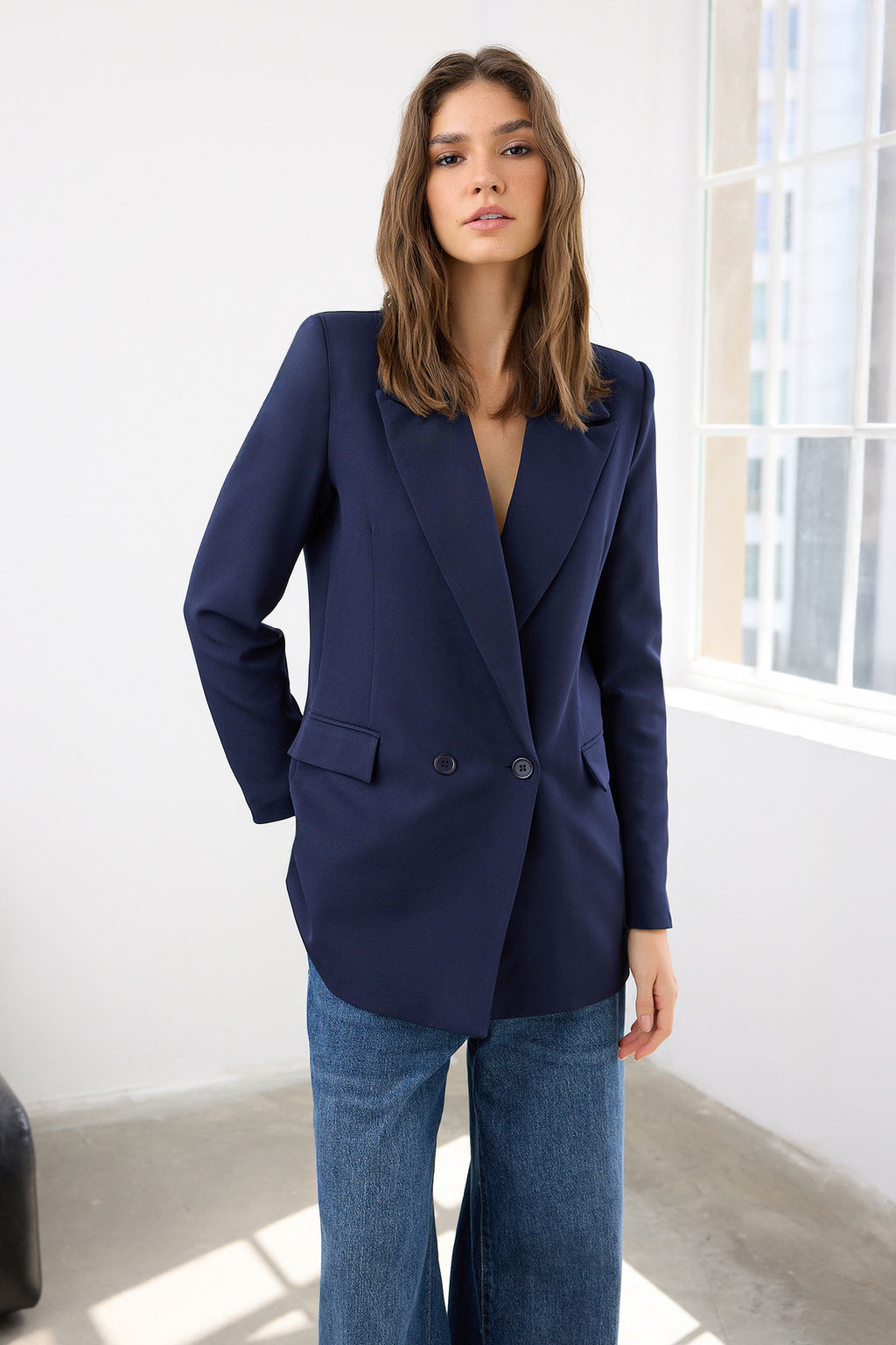 Lacivert Regular Astarl? Kruvaze Kapama Dokuma Blazer Ceket TWOSS20CE0059