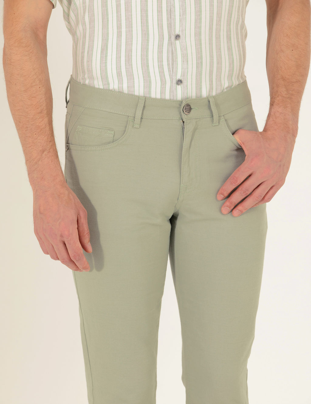 A__k Ye_il Slim Fit Keten Kar___ml_ Kanvas Pantolon