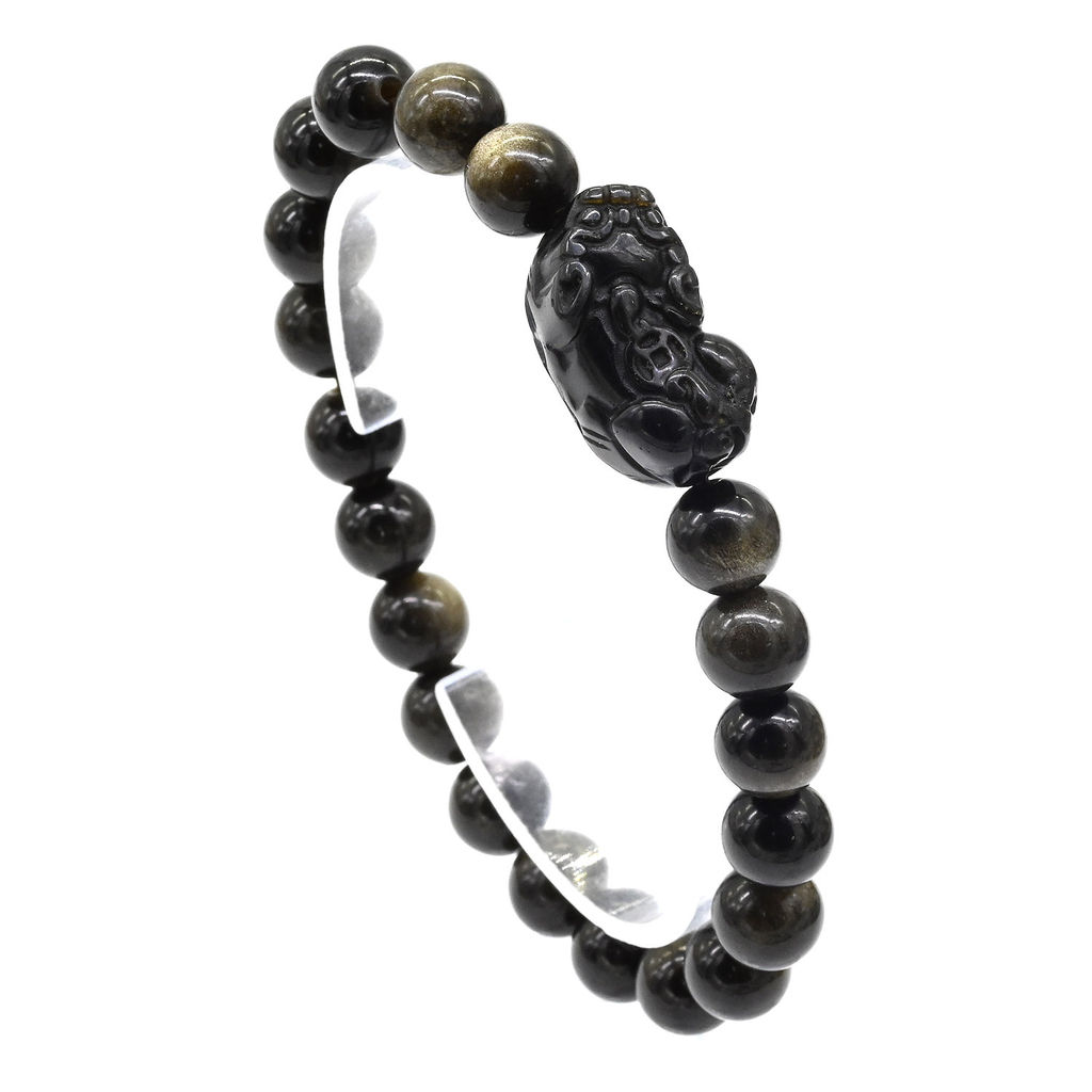 Обсидиан иризирующий браслет шарик 8мм с Драконом