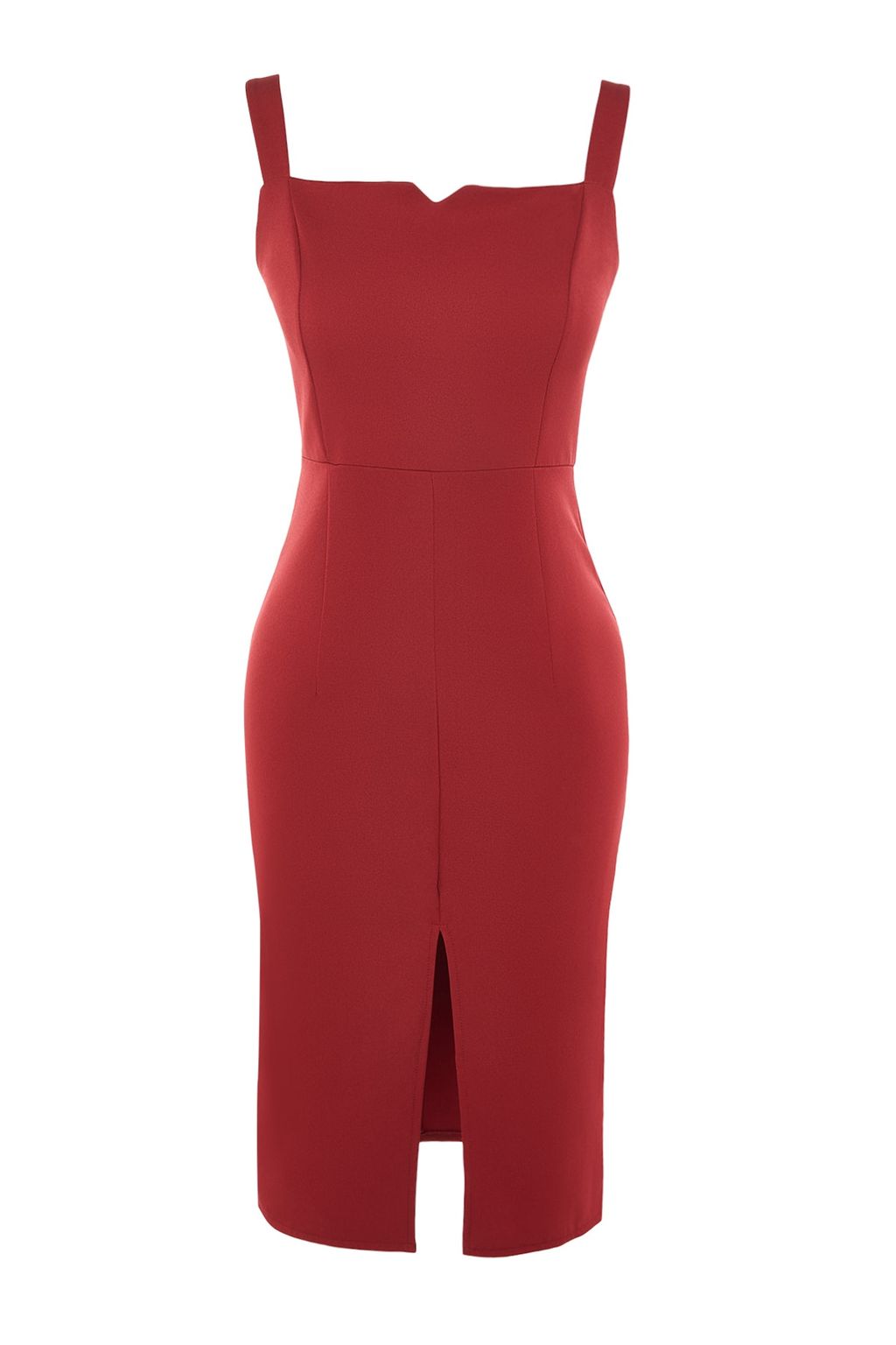 Bordo Vucudu Saran Y?rtmacl? Ask?l? Midi Kalem Etek Dokuma Elbise TWOSS19BB0216