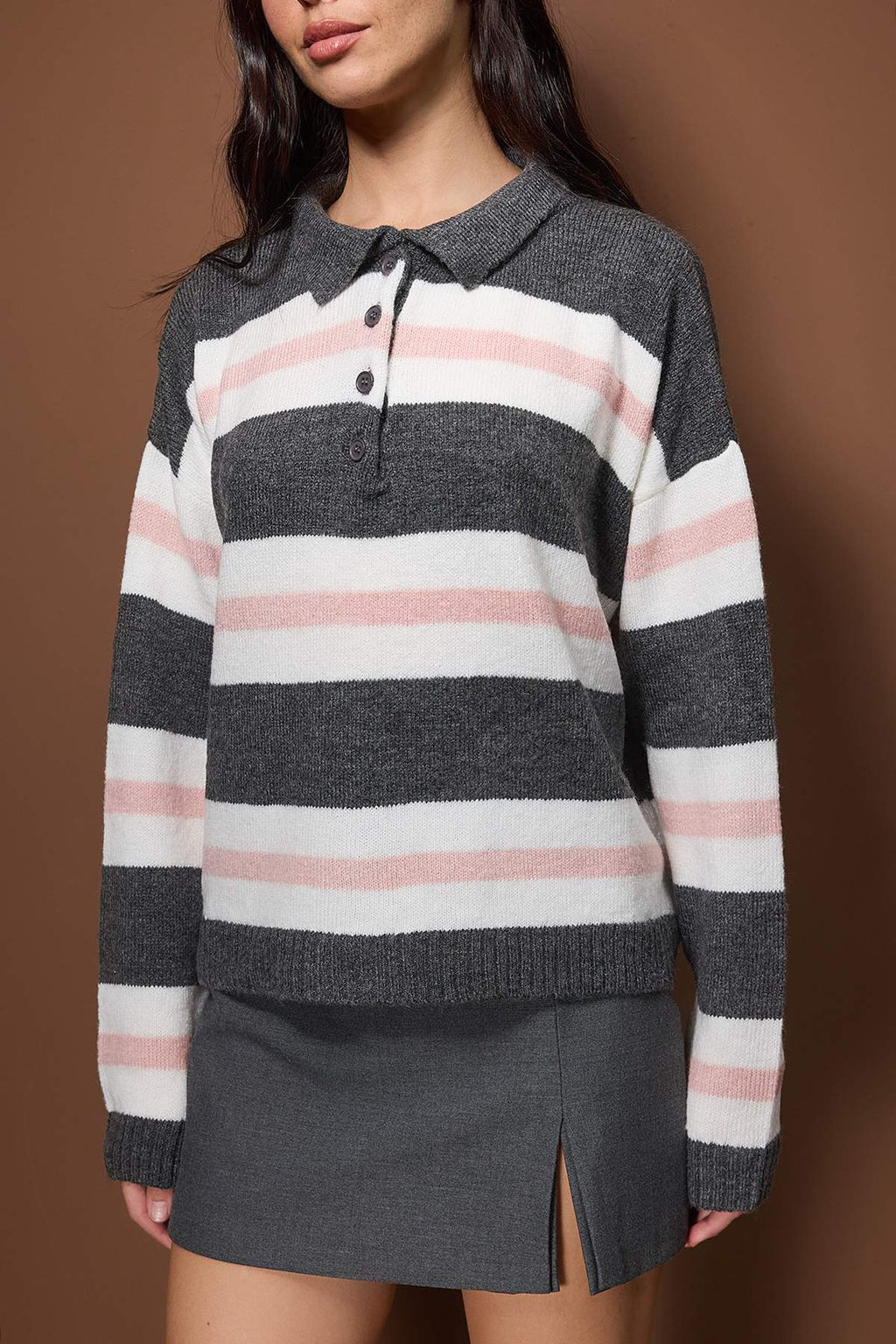 Antrasit Polo Yaka Pembe Cizgili Triko Kazak TWOAW26KZ00286 - Trendyolmilla фото 3