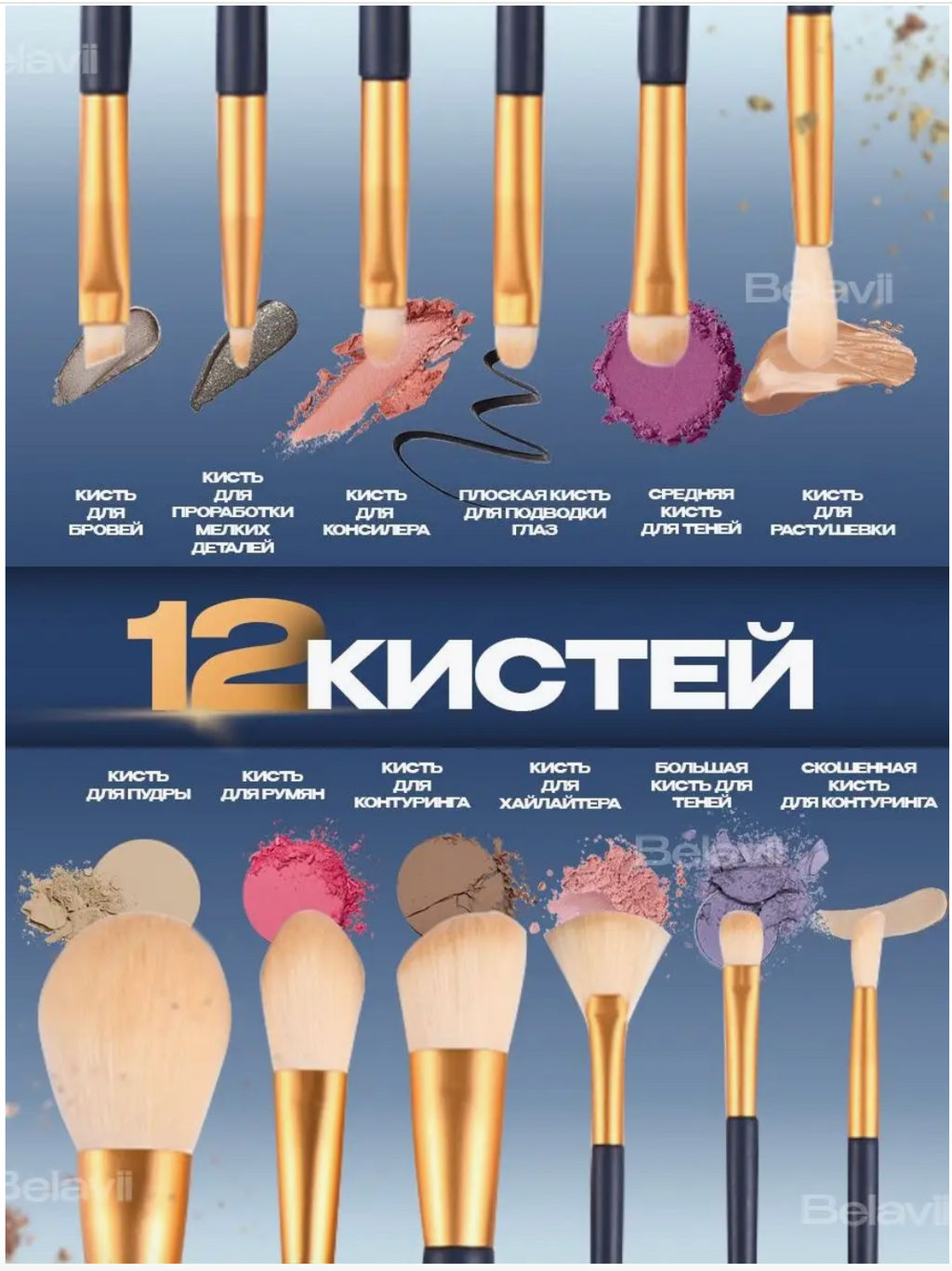 Набор кистей для макияжа-12 шт - Julystar фото 7
