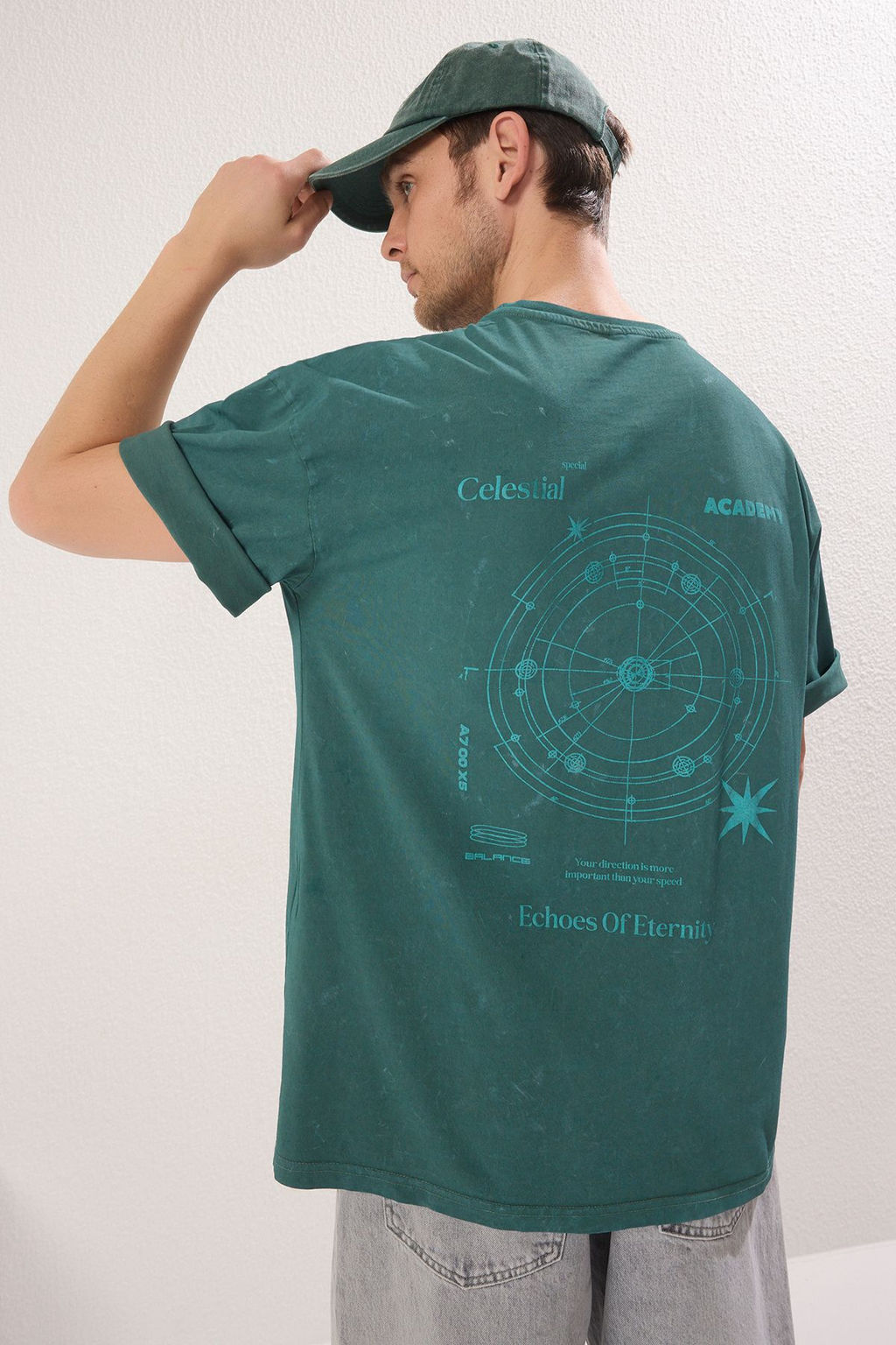 Trendyolmilla Man Yesil Oversize/Genis Kesim Eskitme/Soluk Efekt Galaksi Bask?l? T-Shirt TMNSS25TS00076  фото 2