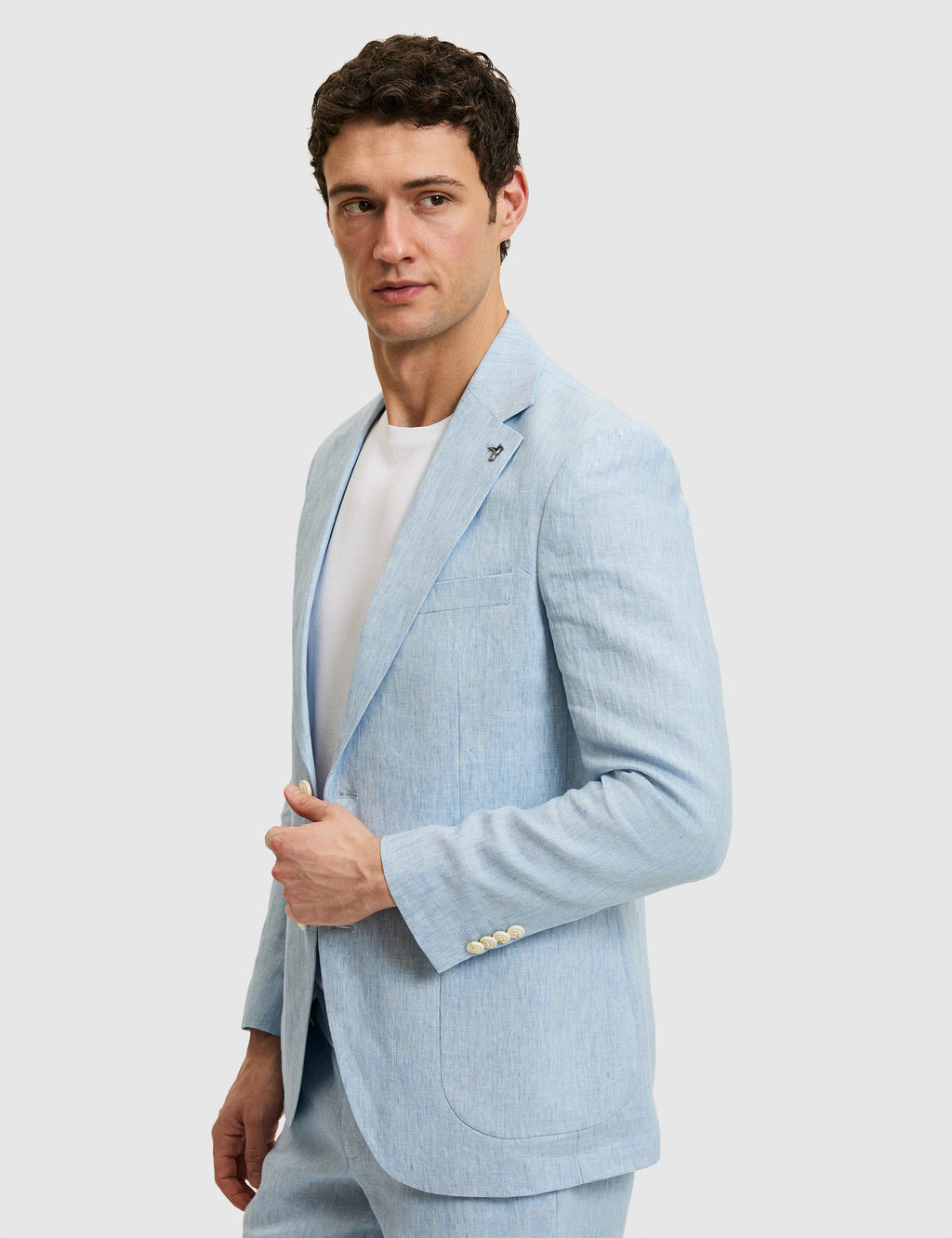 A__k Mavi Slim Fit %100 Keten Mikro Desen Mono Yaka Ceket