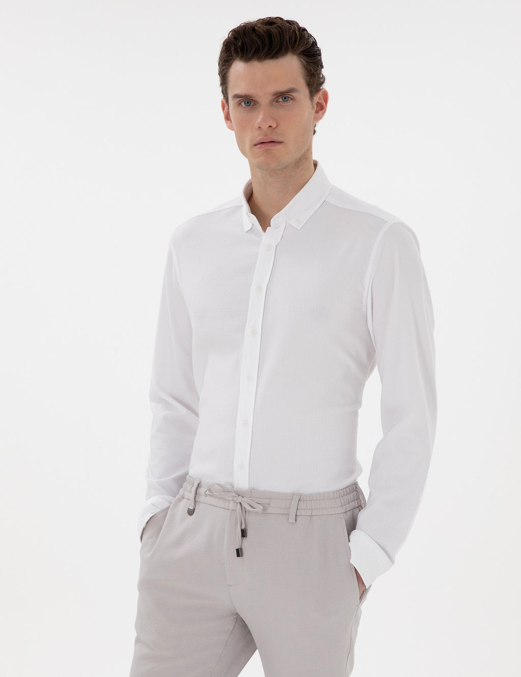 Beyaz Slim Fit _izgili Uzun Kollu G_mlek