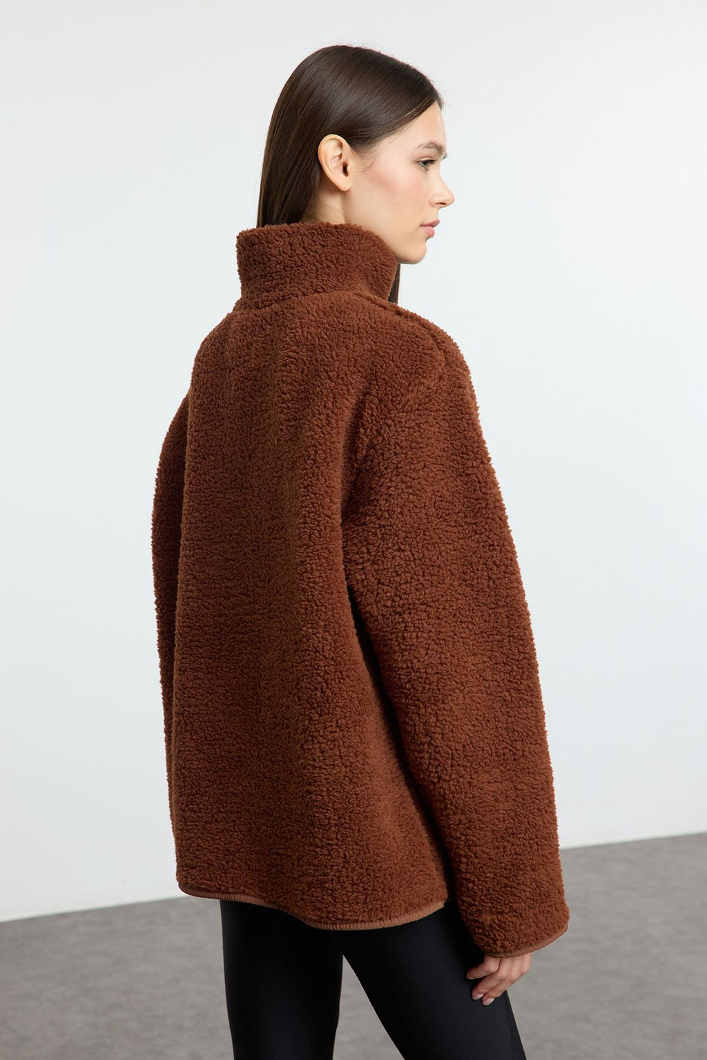 Winter Essentials Kahverengi Kal?n Polar Fermuarl? Dik Yaka Cepli Orme Sweatshirt TWOAW24SW00071