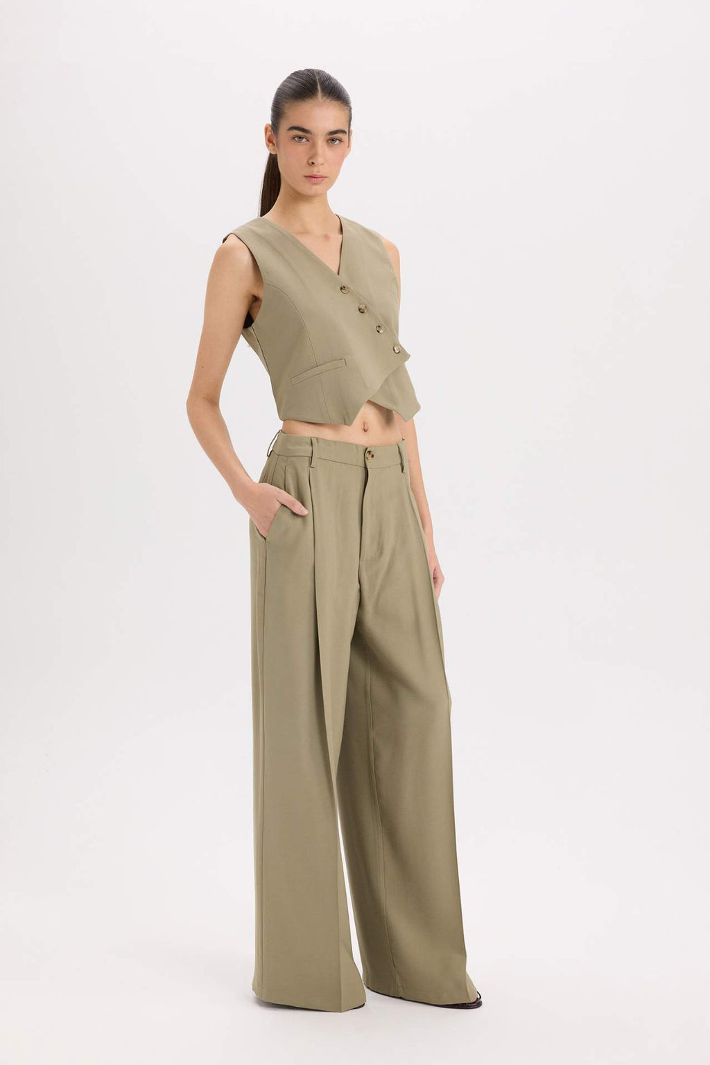 Piliseli Klasik Pantolon Wide Leg Yuksek Bel Genis Paca Basic Duz Tensel Cift Cepli - Defacto фото 2