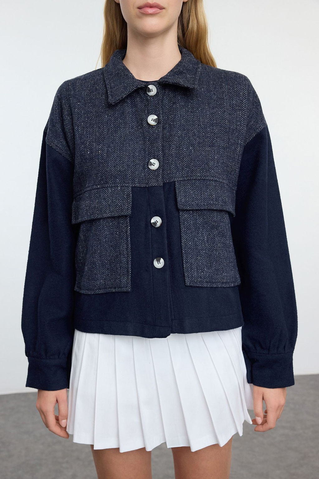 Lacivert Cift Cepli Dokuma Ceket TWOAW24CE00117