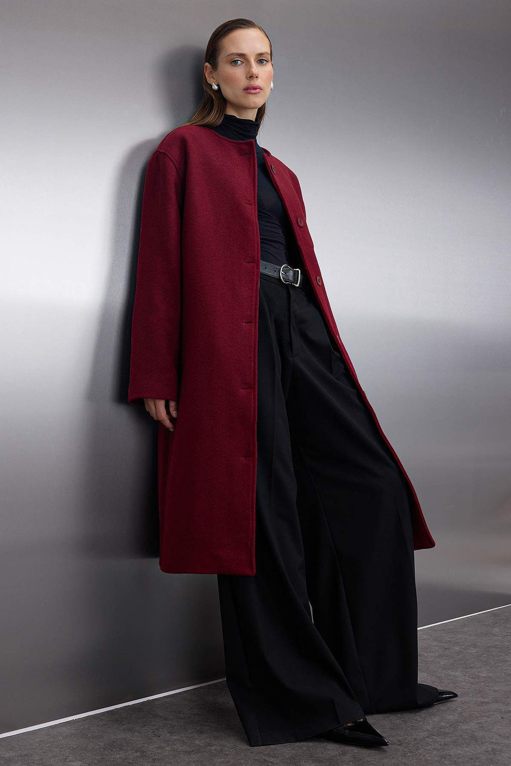 Bordo Sal Detayl? Mono Kapama Oversize Uzun Kase Kaban TWOAW26KB00041 - Trendyolmilla фото 3
