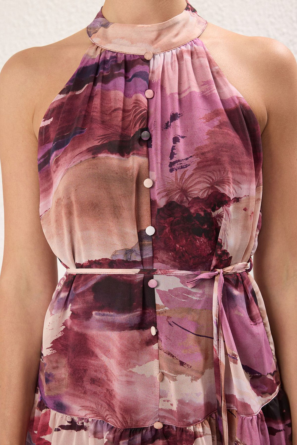 Pembe Cicekli Etegi Belden Ac?lan Kusakl? K?sa / Mini Dokuma Elbise TWOSS23EL02056