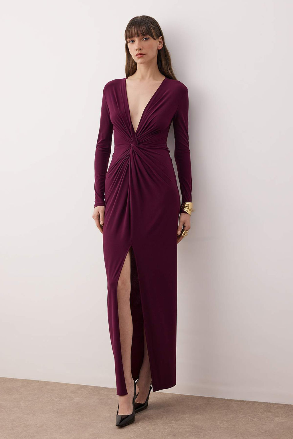 Bordo Kruvaze Yaka Orme Uzun S?k Abiye Gece Mezuniyet Y?lbas? Elbisesi TPRAW25AE00014