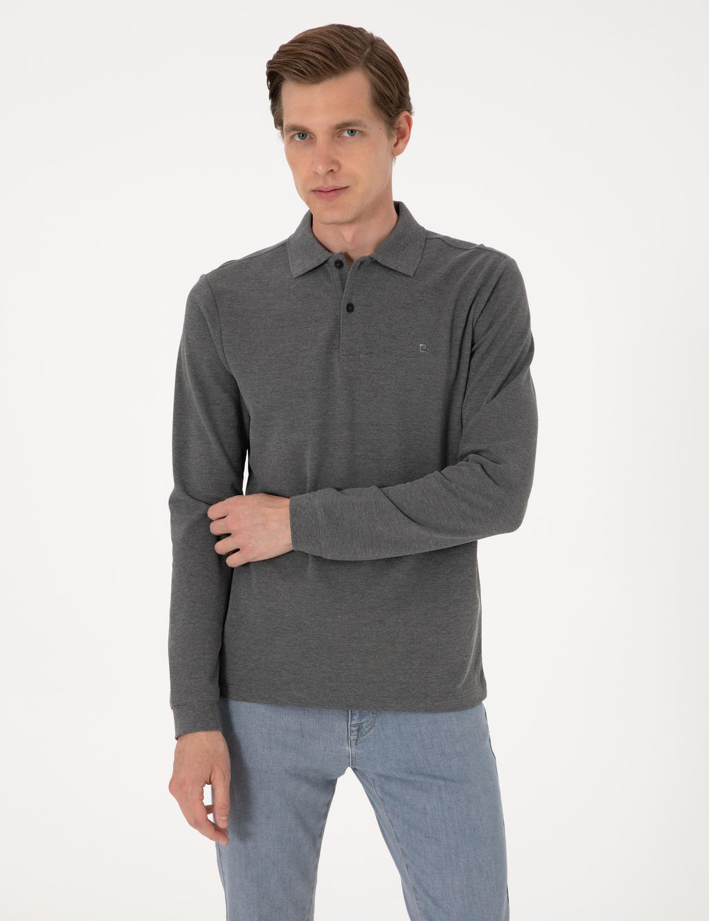 Antrasit Melanj Slim Fit K_vr_lmaz Polo Yaka Basic Pike Sweatshirt