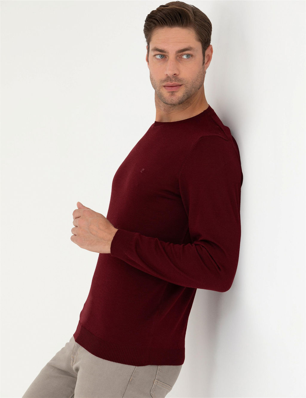 K_rm_z_ Slim Fit Bisiklet Yaka Y_n Kar___ml_ Basic Triko Kazak