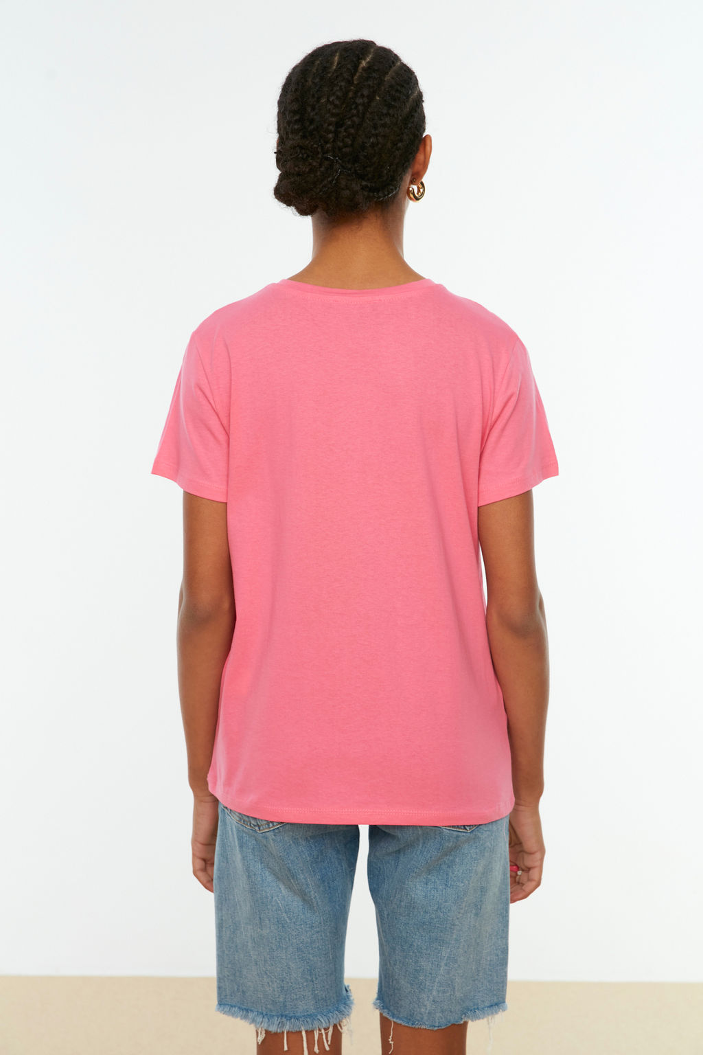 Indigo-Pembe %100 Pamuk 2li Paket Basic Bisiklet Yaka Orme T-Shirt TWOSS20TS0141