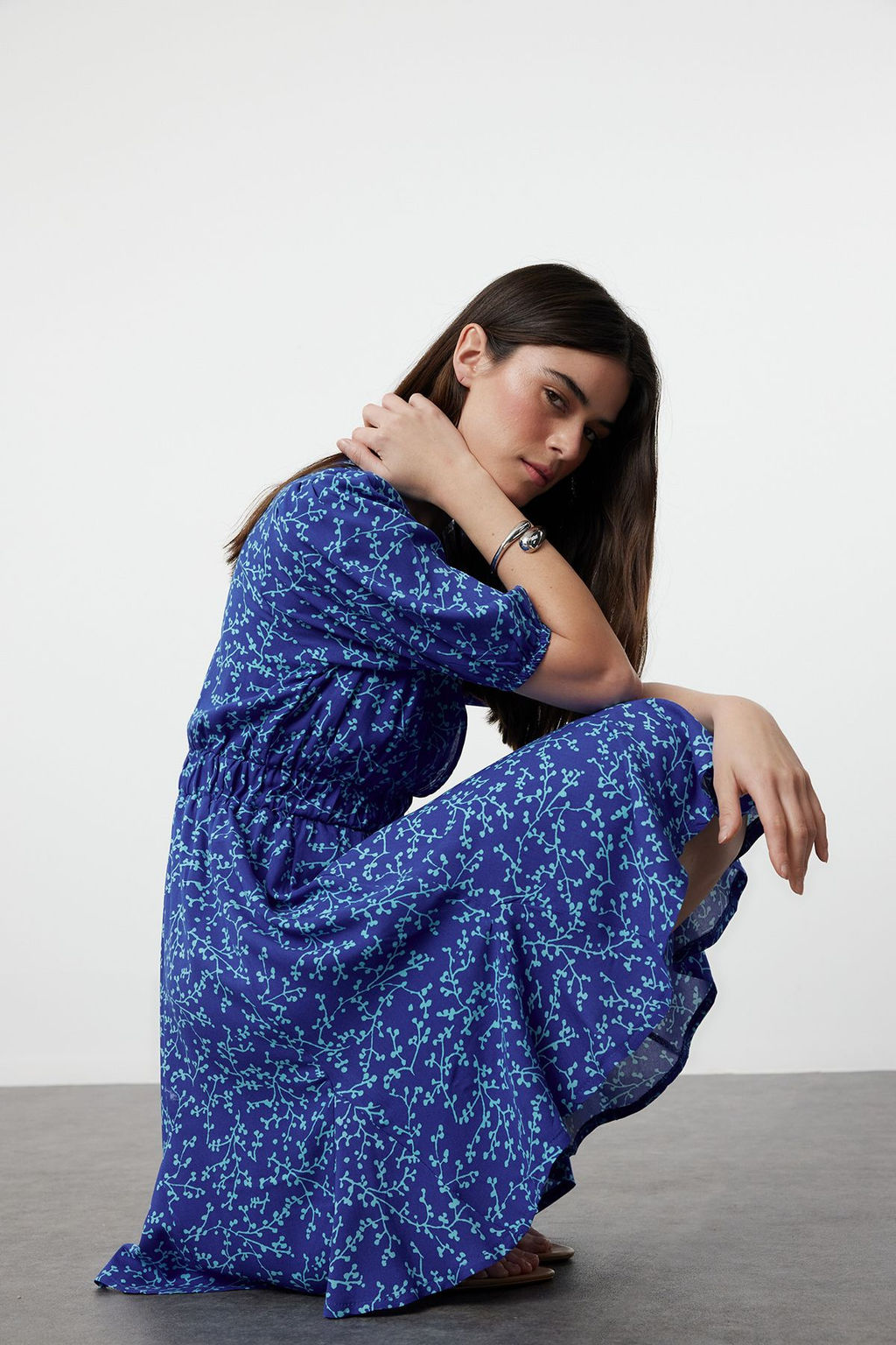 Pembe Cicekli Mini Skater Form Kruvaze Yaka Dokuma Elbise TWOSS24EL01074 - Trendyolmilla фото 9