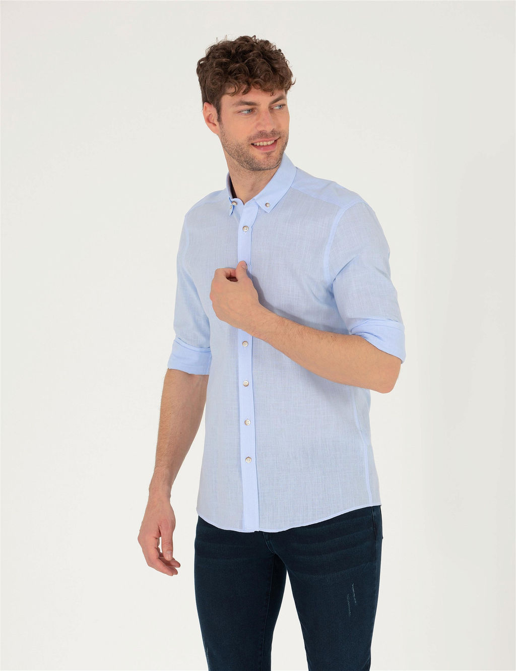 A__k Mavi Slim Fit Uzun Kollu G_mlek