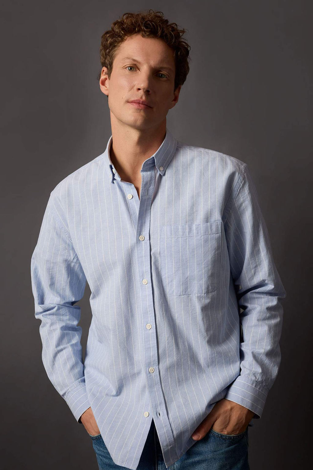 Relax Fit Polo Yaka Cizgili Oxford Uzun Kollu Gomlek - Defacto фото 2