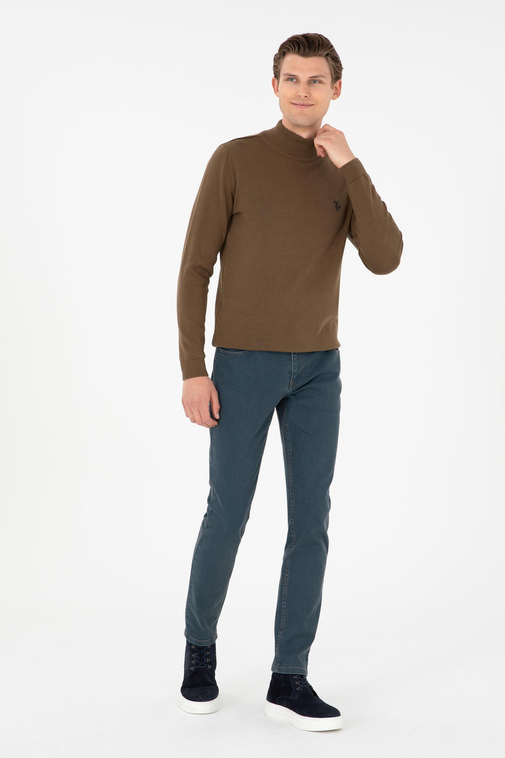 Erkek Slim Fit Yar_m Bo_azl_ Haki Basic Kazak