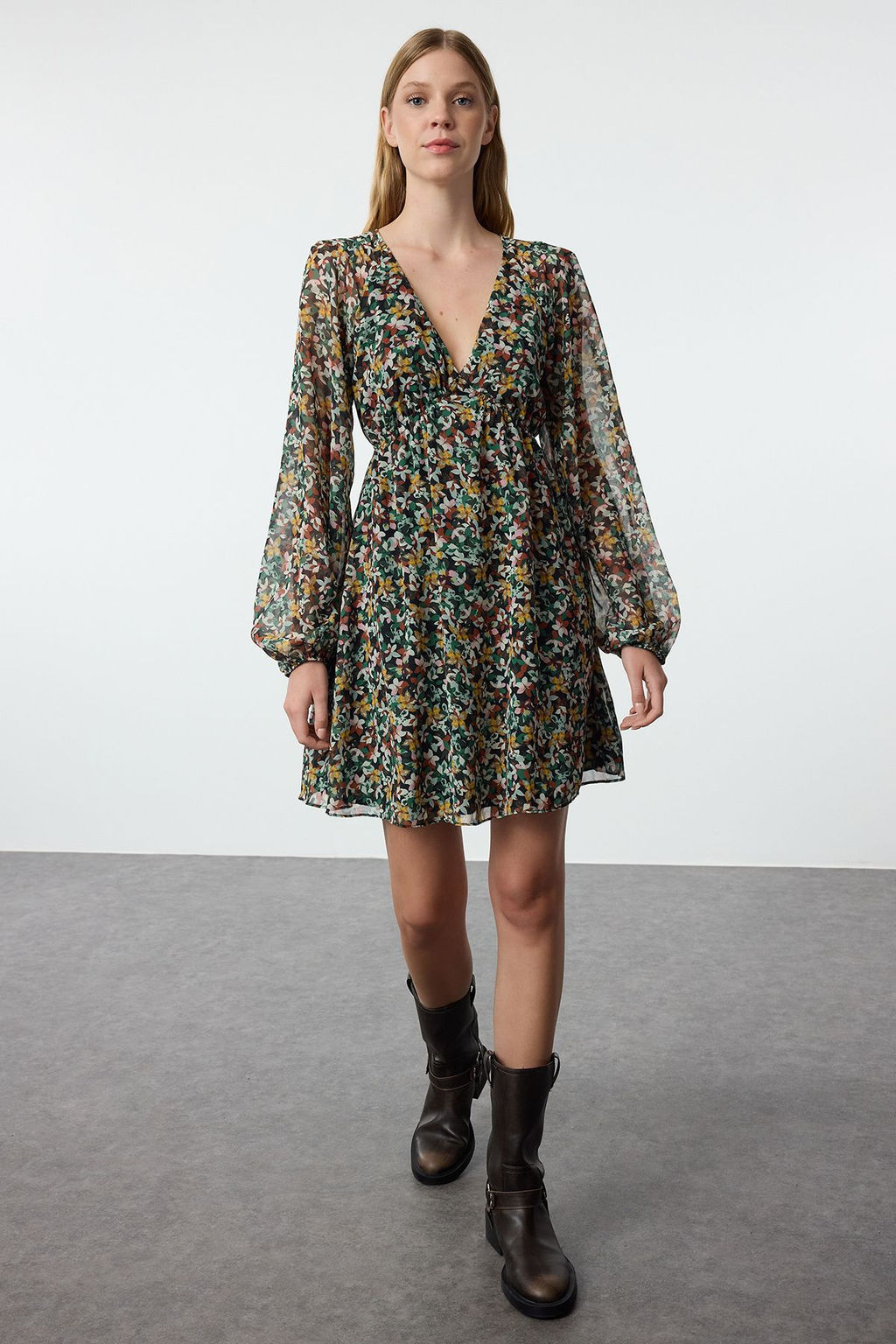 TRENDYOLMILLA Turuncu Etnik Desenli Belden Ac?lan Sifon Astarl? Mini Dokuma Elbise TWOSS23EL00519  фото 24