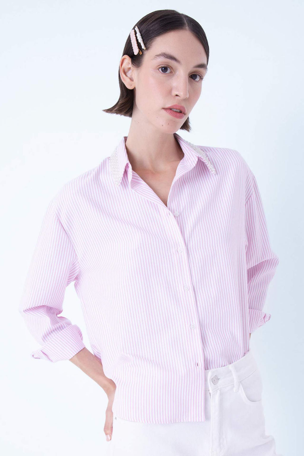 Oversize Genis Kal?p Cizgili Yaka Boncuklu Oxford Uzun Kollu Gomlek - Defacto фото 2