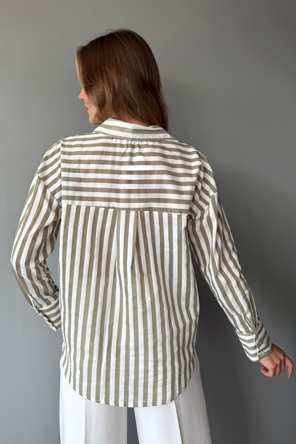 Haki Bej Cizgili Oversize Gomlek TWOAW26GO00093