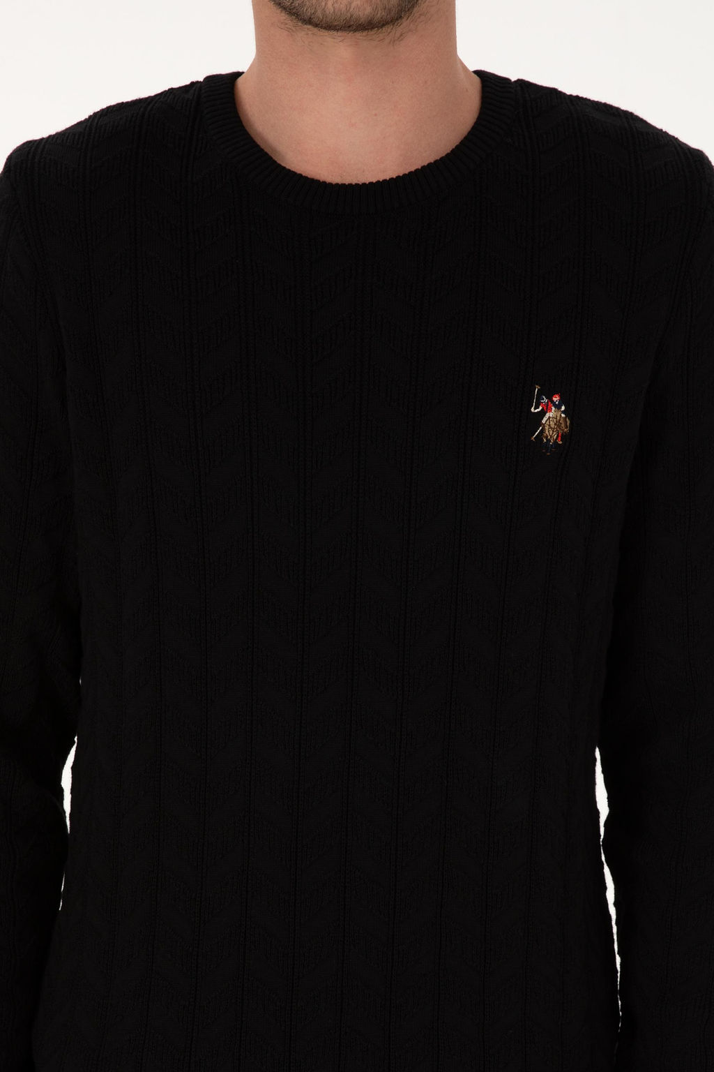 Erkek Slim Fit Bisiklet Yaka Desenli Siyah Kazak