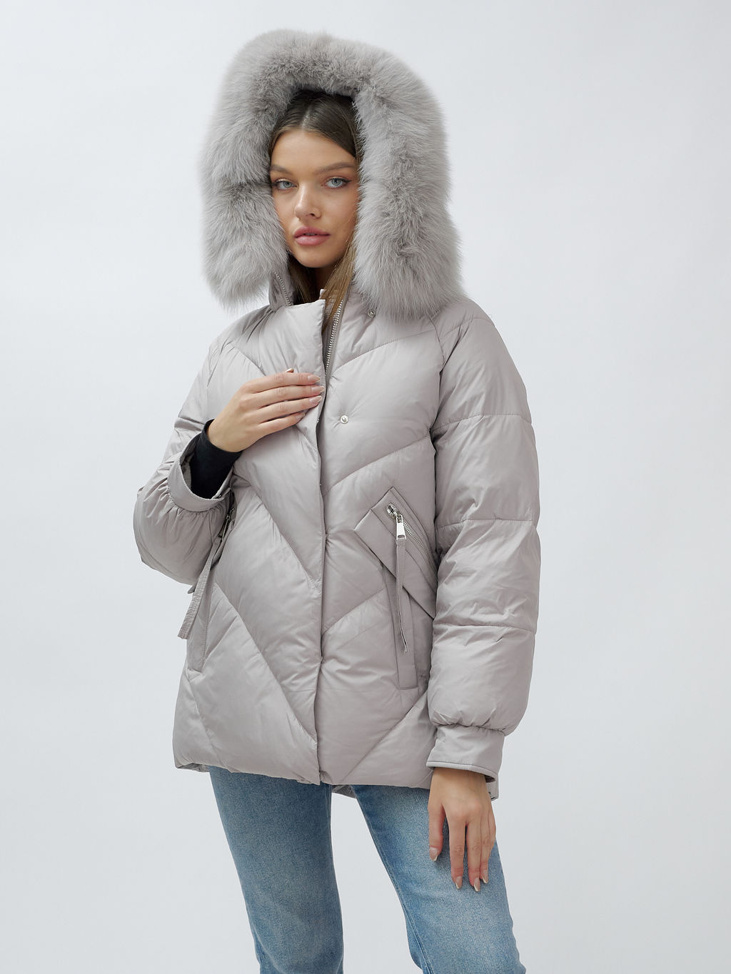 Полупальто женское зимние с мехом песец люкс класса серого цвета 6227Sr - Mtforce фото 7