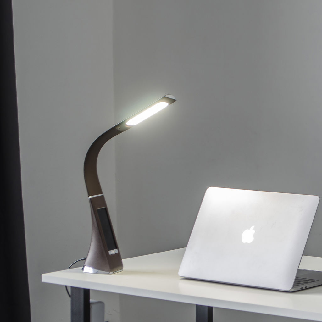 TLD-542 Brown/LED/300Lm/5000K/Dimmer Светильник настольный c часами, календарем, термометром, 5W. Сенсорный выключатель. Коричневый (стилизован под кожу). TM Uniel. - Volpe фото 12