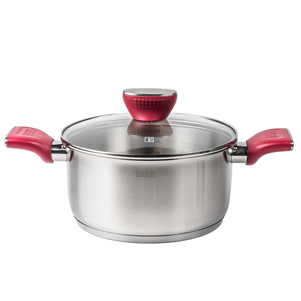 Кастрюля из нержавеющей стали Грейси 2,2л, д18см, h9,4см, s0,5мм, дно s4мм, стеклянная жаропрочная крышка, стальной обод, пароотвод, капсулированное дно, полировка внешняя - матовая, внутренняя - матовая, мерная шкала, бакелитовые ненагревающиеся р